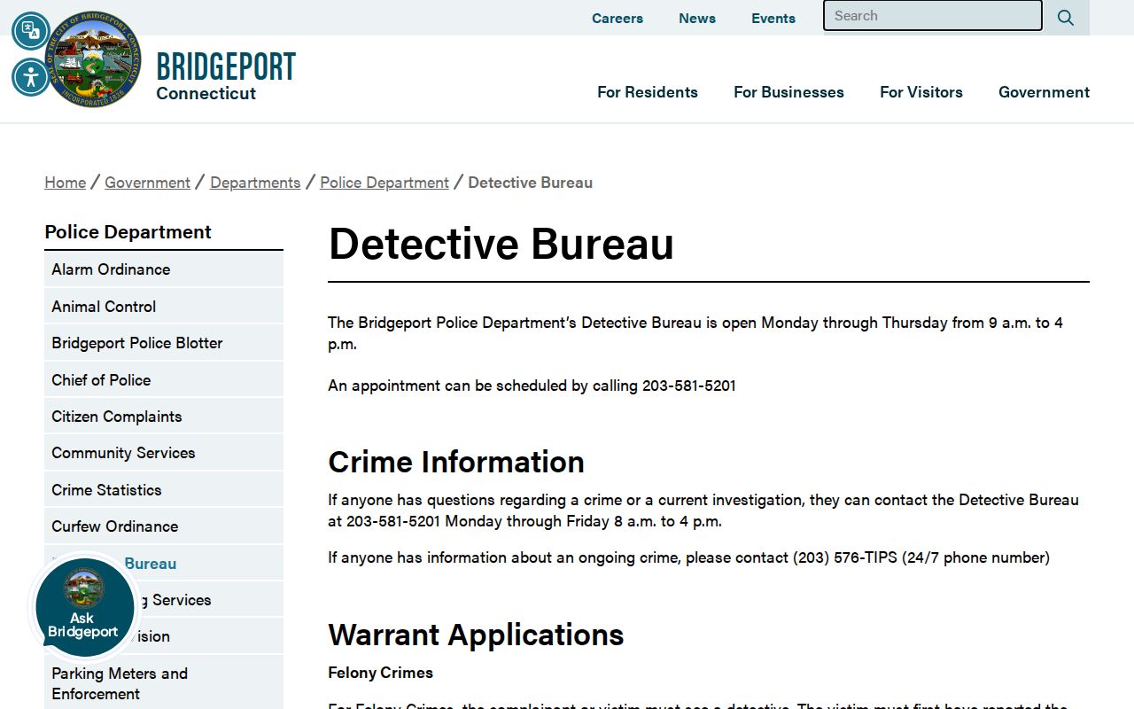 Bridgeport County arrest warrant Detective Bureau application process
